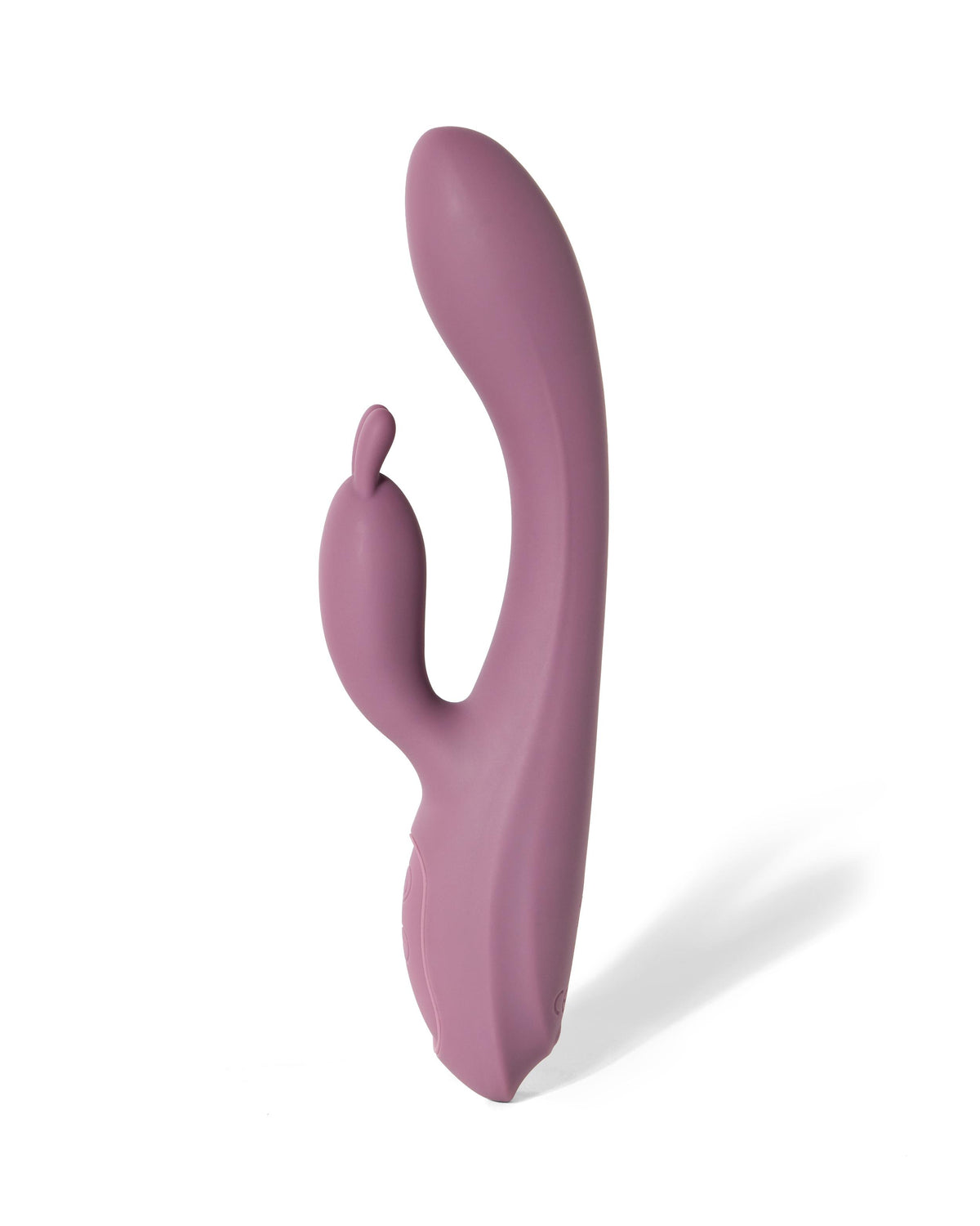 Exsilio mauve vibrator in side profile, showing its curved shaft and smaller external arm.
